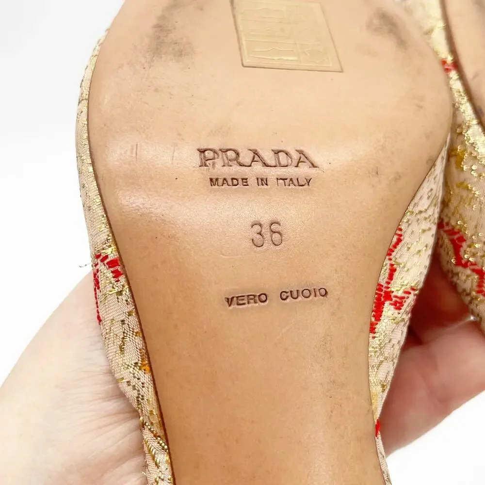 Prada Vintage Gold Brocade Red Woven D’Orsay Pointed Toe Kitten Heels IT 36 - Picture 11 of 12